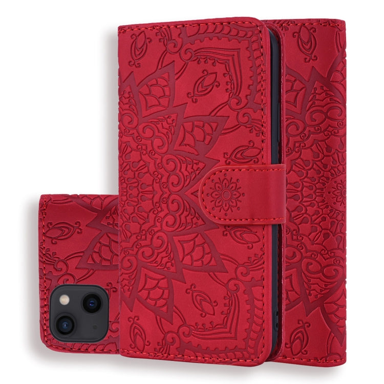 For iPhone 16 Pro Mandala Embossed Dual-Fold Calf Leather Phone Case(Red) - iPhone 16 Pro Cases by buy2fix | Online Shopping UK | buy2fix