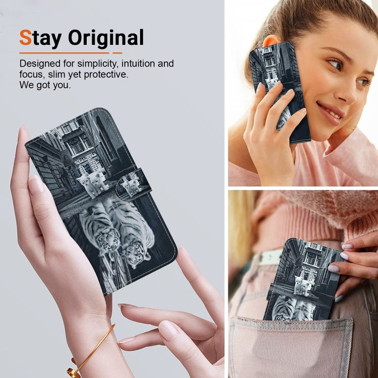 For iPhone 16 Pro Crystal Texture Colored Drawing Leather Phone Case(Cat Tiger Reflection) - iPhone 16 Pro Cases by buy2fix | Online Shopping UK | buy2fix