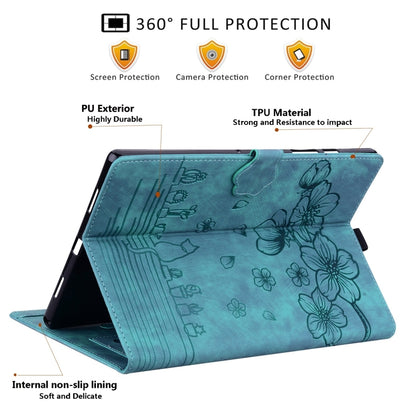 For Samsung Galaxy Tab S9 FE+ Cartoon Sakura Cat Embossed Leather Tablet Case(Green) - Galaxy Tab S9 FE+ by buy2fix | Online Shopping UK | buy2fix