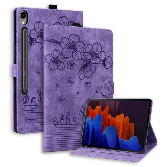 For Samsung Galaxy Tab S9 FE+ Cartoon Sakura Cat Embossed Leather Tablet Case(Purple) - Galaxy Tab S9 FE+ by buy2fix | Online Shopping UK | buy2fix