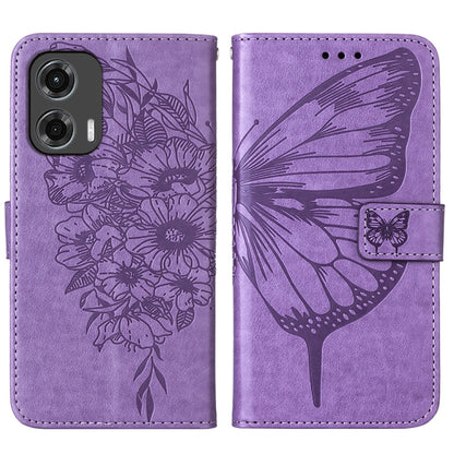 For Motorola Moto G Stylus 5G 2024 Embossed Butterfly Leather Phone Case(Purple) - Motorola Cases by buy2fix | Online Shopping UK | buy2fix