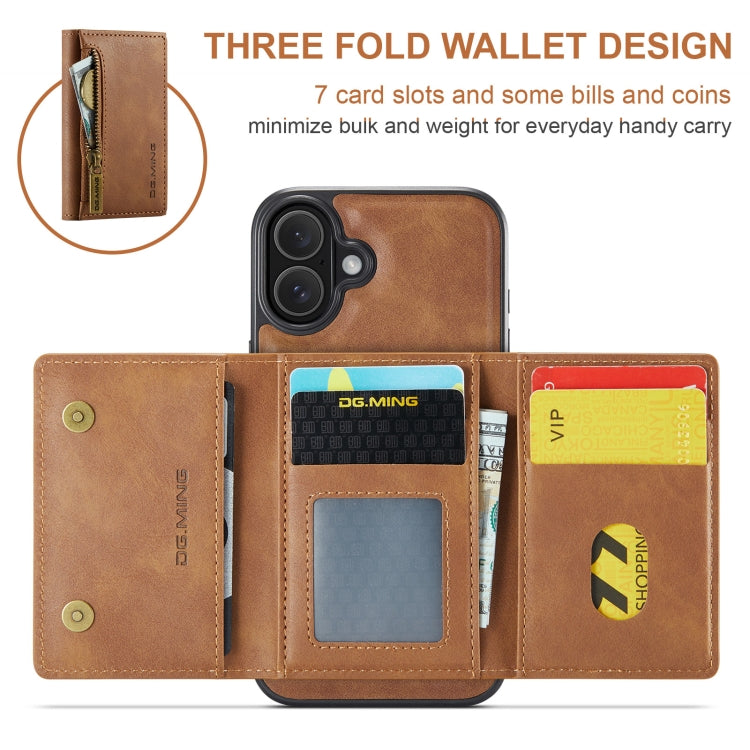 For iPhone 16 DG.MING M5 Series Zip RFID Multi Card Detachable Leather Phone Case(Brown) - iPhone 16 Cases by DG.MING | Online Shopping UK | buy2fix