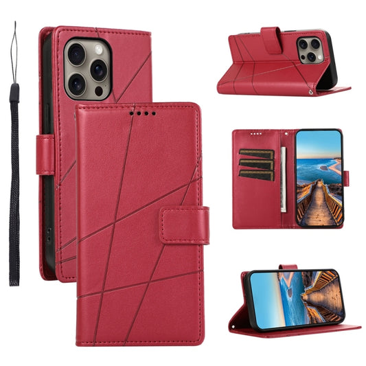 For iPhone 16 Pro Max PU Genuine Leather Texture Embossed Line Phone Case(Red) - iPhone 16 Pro Max Cases by buy2fix | Online Shopping UK | buy2fix