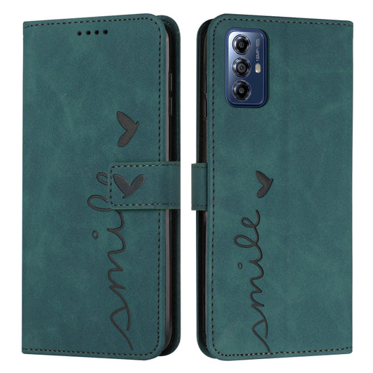 For Motorola Moto G Play 2024 Skin Feel Heart Embossed Leather Phone Case with Long Lanyard(Green) - Motorola Cases by buy2fix | Online Shopping UK | buy2fix