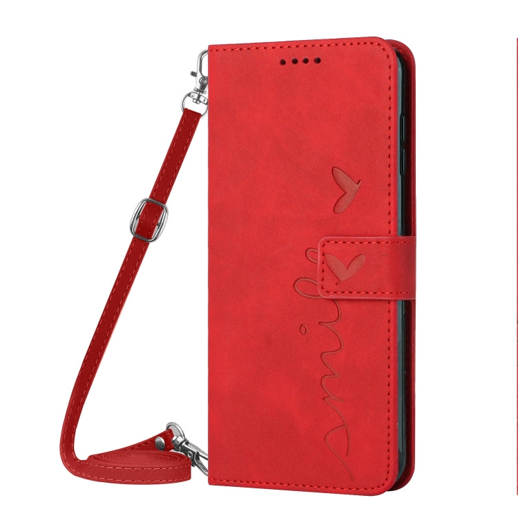 For Xiaomi Redmi K70E Skin Feel Heart Embossed Leather Phone Case with Long Lanyard(Red) - K70E Cases by buy2fix | Online Shopping UK | buy2fix