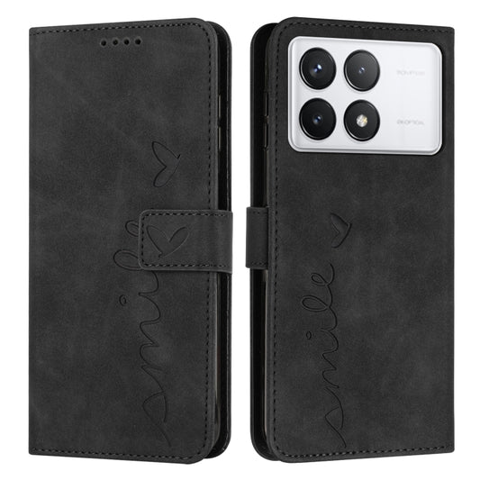 For Xiaomi Redmi K70 / K70 Pro Skin Feel Heart Embossed Leather Phone Case with Long Lanyard(Black) - K70 Pro Cases by buy2fix | Online Shopping UK | buy2fix