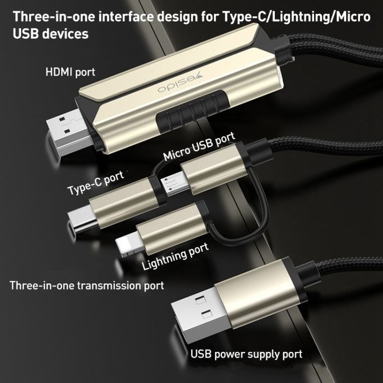 Yesido HM14 2m Type-C + Micro USB + 8 Pin to HDMI 1080P HDTV Adapter with Charging Cable(Black+Gold) - Video & Audio Cable by Yesido | Online Shopping UK | buy2fix