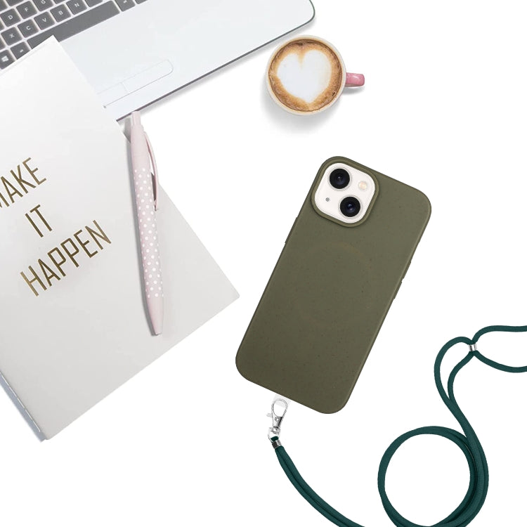 For iPhone 15 Plus Wheat MagSafe Magnetic Straw Material + TPU Phone Case with Lanyard(Army Green) - iPhone 15 Plus Cases by buy2fix | Online Shopping UK | buy2fix