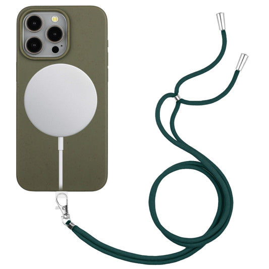 For iPhone 13 Pro Wheat MagSafe Magnetic Straw Material + TPU Phone Case with Lanyard(Army Green) - iPhone 13 Pro Cases by buy2fix | Online Shopping UK | buy2fix