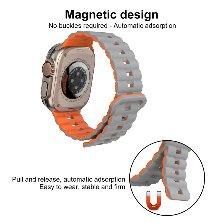 For Apple Watch SE 2023 44mm Reverse Buckle Two Color Magnetic Silicone Watch Band(Grey+Orange) - Watch Bands by buy2fix | Online Shopping UK | buy2fix