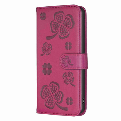 For Xiaomi Redmi 13C Four-leaf Embossed Leather Phone Case(Rose Red) - 13C Cases by buy2fix | Online Shopping UK | buy2fix