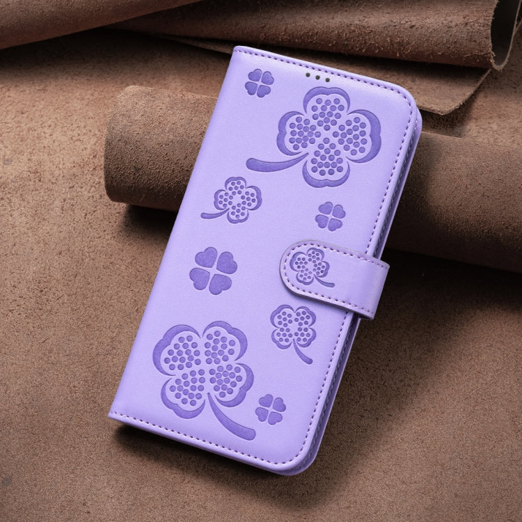 For iPhone 16 Pro Four-leaf Embossed Leather Phone Case(Purple) - iPhone 16 Pro Cases by buy2fix | Online Shopping UK | buy2fix