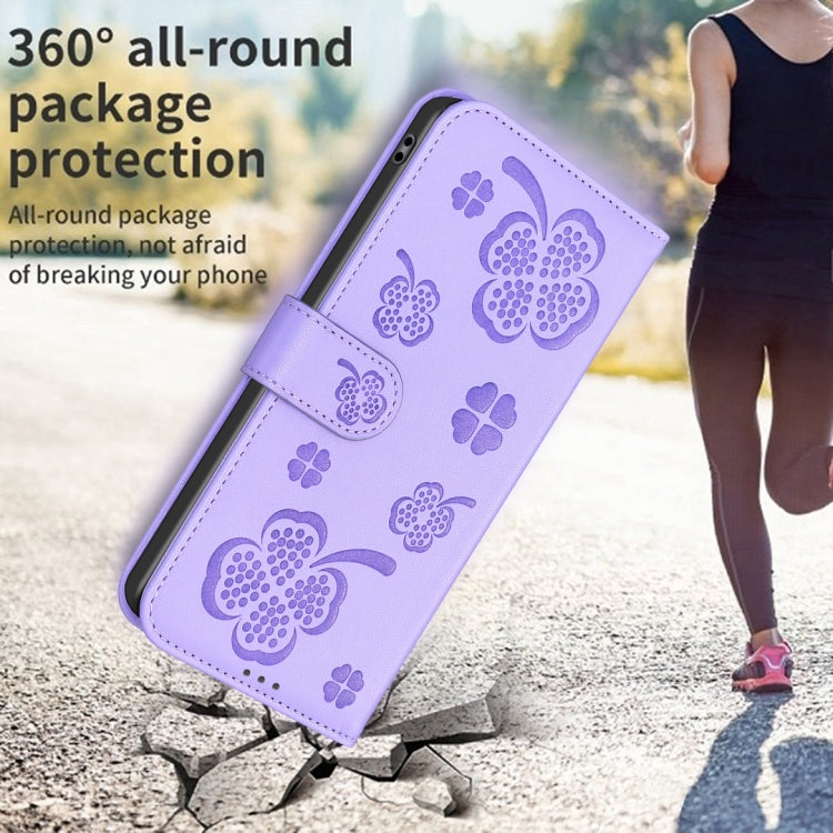 For iPhone 16 Pro Four-leaf Embossed Leather Phone Case(Purple) - iPhone 16 Pro Cases by buy2fix | Online Shopping UK | buy2fix