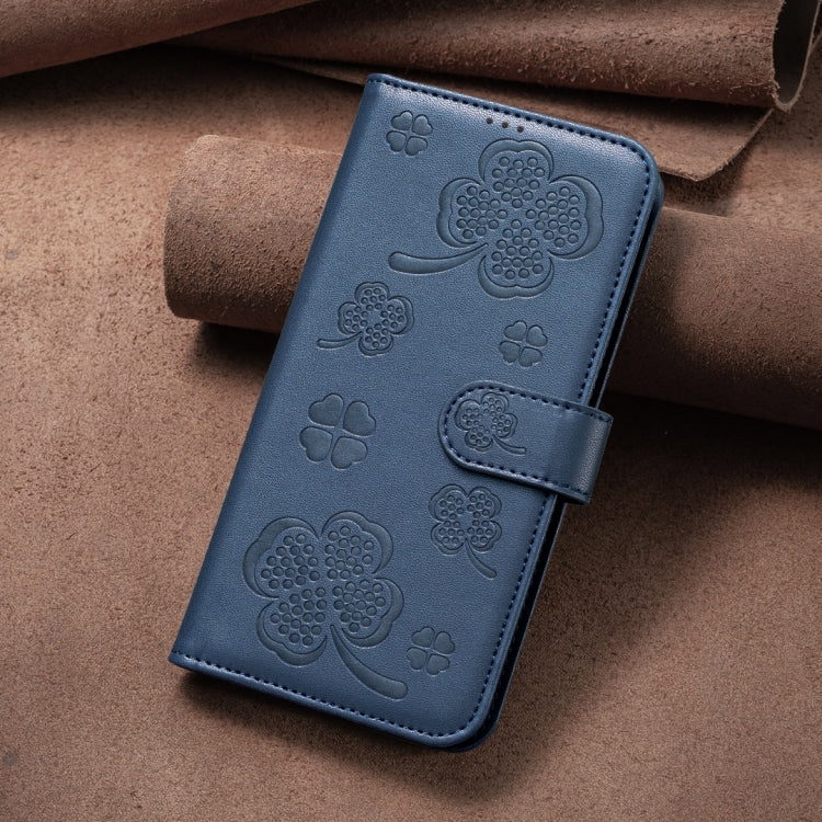 For iPhone 16 Plus Four-leaf Embossed Leather Phone Case(Blue) - iPhone 16 Plus Cases by buy2fix | Online Shopping UK | buy2fix