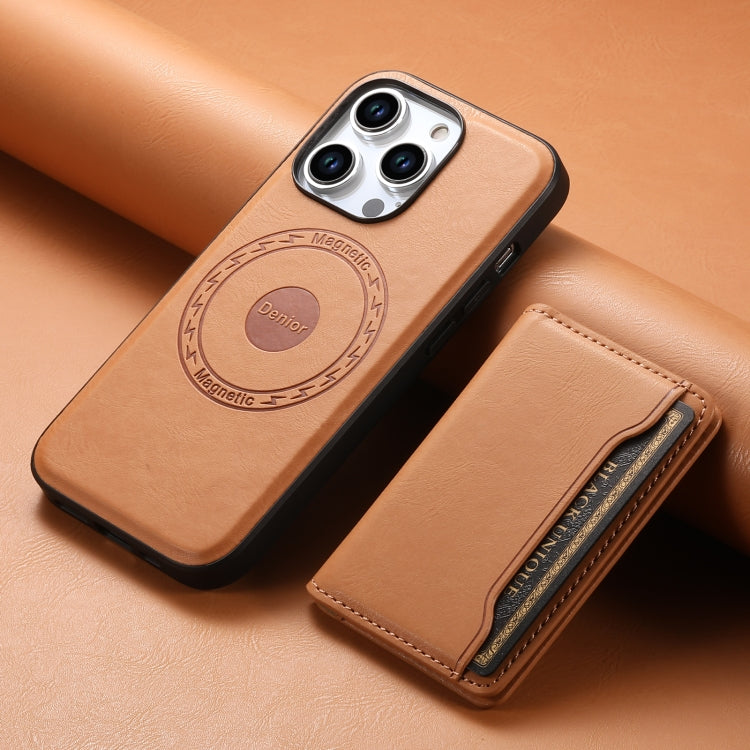 For iPhone 15 Pro Denior Cowhide Texture Leather MagSafe Detachable Wallet Phone Case(Khaki) - iPhone 15 Pro Cases by Denior | Online Shopping UK | buy2fix