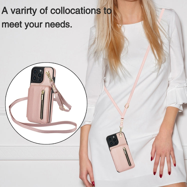 For iPhone 16 Pro Max YM006 Skin Feel Zipper Card Bag Phone Case with Dual Lanyard(Rose Gold) - iPhone 16 Pro Max Cases by buy2fix | Online Shopping UK | buy2fix