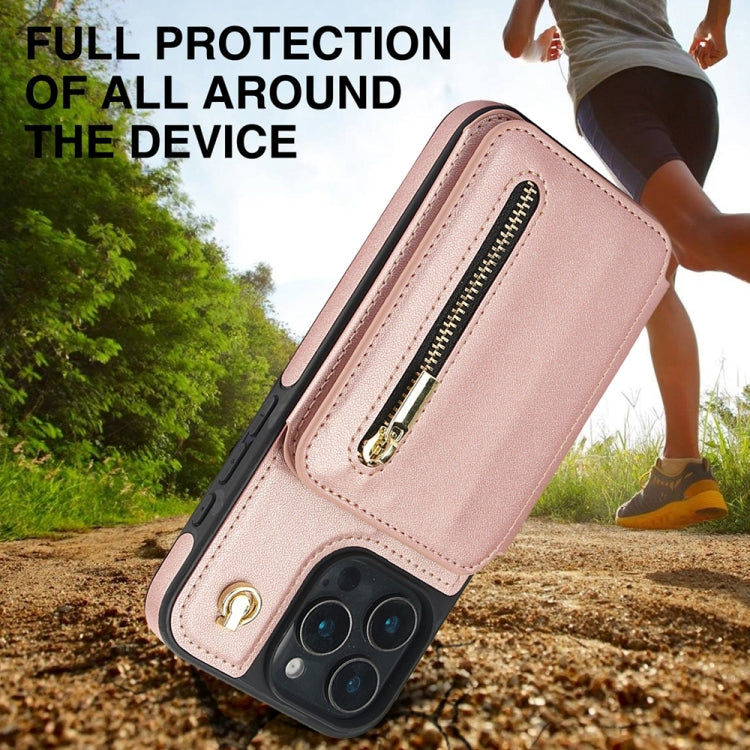 For iPhone 16 Pro YM006 Skin Feel Zipper Card Bag Phone Case with Dual Lanyard(Rose Gold) - iPhone 16 Pro Cases by buy2fix | Online Shopping UK | buy2fix