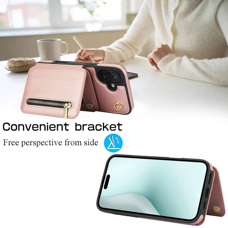 For iPhone 16 YM006 Skin Feel Zipper Card Bag Phone Case with Dual Lanyard(Rose Gold) - iPhone 16 Cases by buy2fix | Online Shopping UK | buy2fix