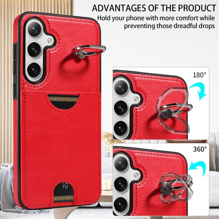 For Samsung Galaxy S24+ 5G Calf Texture Card Slot Ring Holder Phone Case(Red) - Galaxy S24+ 5G Cases by buy2fix | Online Shopping UK | buy2fix