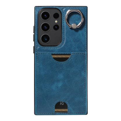 For Samsung Galaxy S23 Ultra 5G Calf Texture Card Slot Ring Holder Phone Case(Blue) - Galaxy S23 Ultra 5G Cases by buy2fix | Online Shopping UK | buy2fix