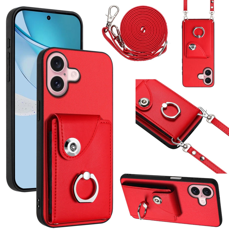 For iPhone 16 Organ Card Bag Ring Holder Phone Case with Long Lanyard(Red) - iPhone 16 Cases by buy2fix | Online Shopping UK | buy2fix