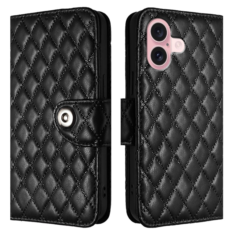 For iPhone 16 Rhombic Texture Flip Leather Phone Case with Lanyard(Black) - iPhone 16 Cases by buy2fix | Online Shopping UK | buy2fix