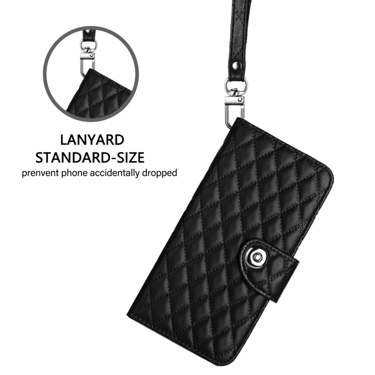 For iPhone 16 Rhombic Texture Flip Leather Phone Case with Lanyard(Black) - iPhone 16 Cases by buy2fix | Online Shopping UK | buy2fix