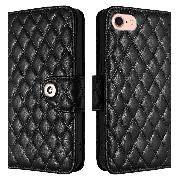 For iPhone SE 2024 Rhombic Texture Flip Leather Phone Case with Lanyard(Black) - More iPhone Cases by buy2fix | Online Shopping UK | buy2fix