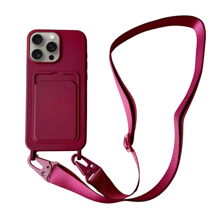 For iPhone 16 Pro Max Card Slot Liquid Silicone Phone Case with Lanyard(Wine Red) - iPhone 16 Pro Max Cases by buy2fix | Online Shopping UK | buy2fix