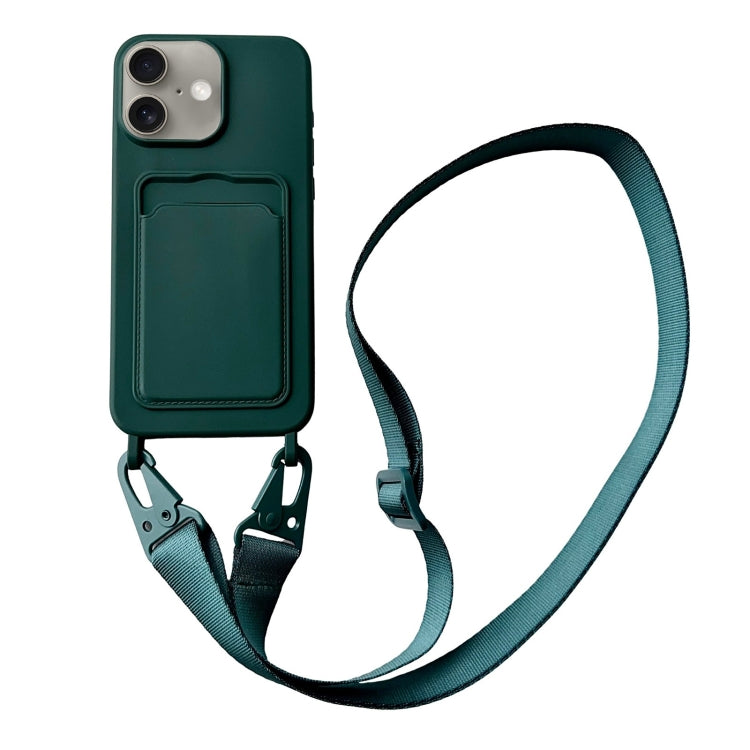 For iPhone 16 Plus Card Slot Liquid Silicone Phone Case with Lanyard(Dark Green) - iPhone 16 Plus Cases by buy2fix | Online Shopping UK | buy2fix