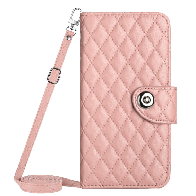 For Motorola Moto G Power 5G 2024 Rhombic Texture Flip Leather Phone Case with Long Lanyard(Coral Pink) - Motorola Cases by buy2fix | Online Shopping UK | buy2fix