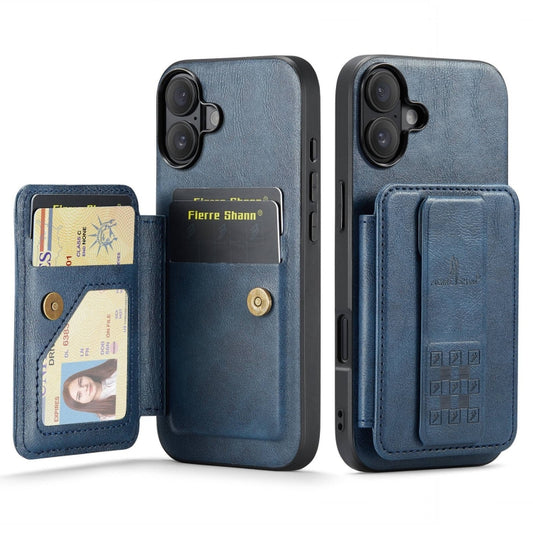 For iPhone 16 Fierre Shann Oil Wax Cow Leather Card Holder Back Phone Case(Blue) - iPhone 16 Cases by FIERRE SHANN | Online Shopping UK | buy2fix