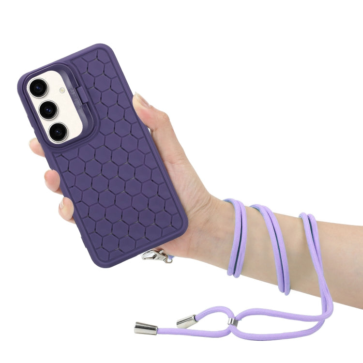 For Samsung Galaxy S23 FE 5G Honeycomb Radiating Lens Holder Magsafe Phone Case with Lanyard(Purple) - Galaxy S23 FE 5G Cases by buy2fix | Online Shopping UK | buy2fix