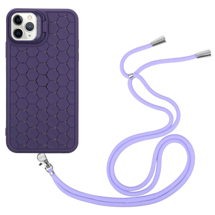 For iPhone 14 Pro Honeycomb Radiating Lens Holder Magsafe Phone Case with Lanyard(Purple) - iPhone 14 Pro Cases by buy2fix | Online Shopping UK | buy2fix