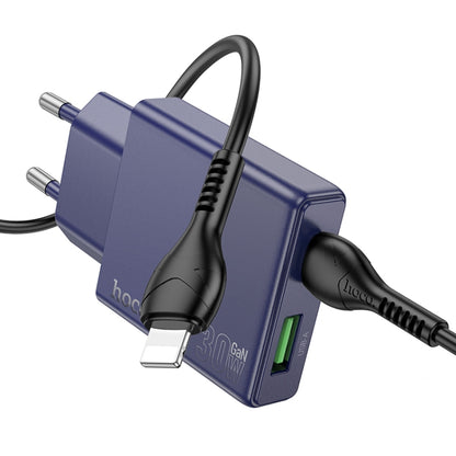 hoco N45 Biscuit PD30W Type-C + QC3.0 USB Charger with Type-C to 8 Pin Cable, EU Plug(Blue) - USB Charger by hoco | Online Shopping UK | buy2fix