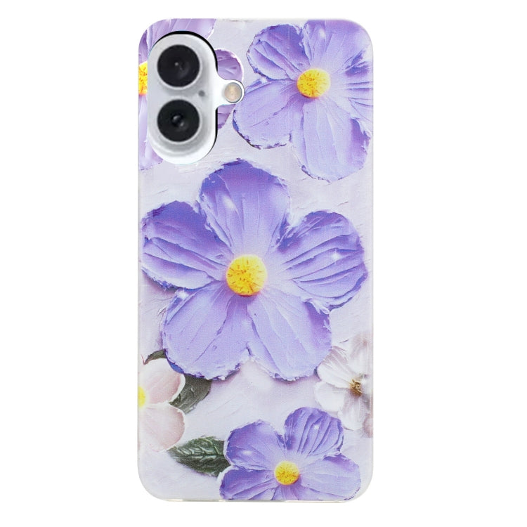 For iPhone 16 Plus Colorful Painting Pattern TPU Phone Case(Purple Flowers) - iPhone 16 Plus Cases by buy2fix | Online Shopping UK | buy2fix