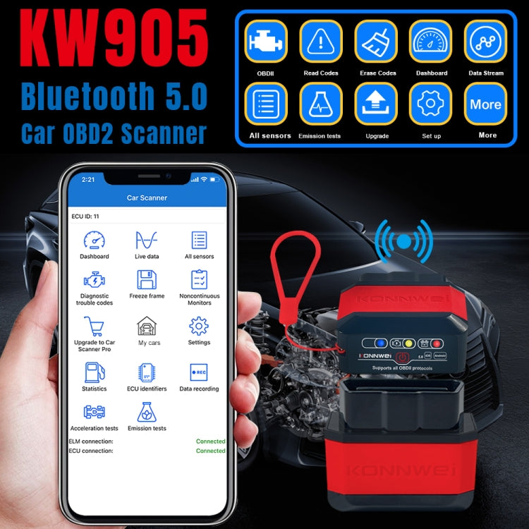 KONNWEI KW905 Bluetooth 5.0 Car OBD2 Scanner Support Android & iOS(Black) - Code Readers & Scan Tools by KONNWEI | Online Shopping UK | buy2fix