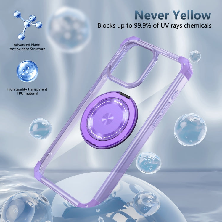 For iPhone 15 Pro Gold Shield CD Pattern MagSafe Magnetic Phone Case with Rotating Stand(Transparent Purple) - iPhone 15 Pro Cases by buy2fix | Online Shopping UK | buy2fix