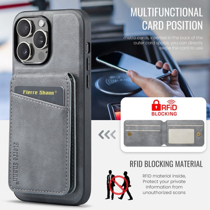 For iPhone 16 Pro Fierre Shann Oil Wax Cow Leather Magnetic Card Holder Phone Case(Grey) - iPhone 16 Pro Cases by FIERRE SHANN | Online Shopping UK | buy2fix