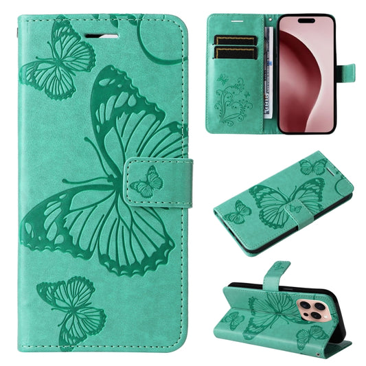 For iPhone 16 Pro 3D Butterfly Embossed Pattern Flip Leather Phone Case(Green) - iPhone 16 Pro Cases by buy2fix | Online Shopping UK | buy2fix