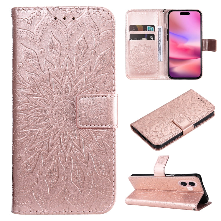 For iPhone 16 Embossed Sunflower Pattern Flip Leather Phone Case(Rose Gold) - iPhone 16 Cases by buy2fix | Online Shopping UK | buy2fix