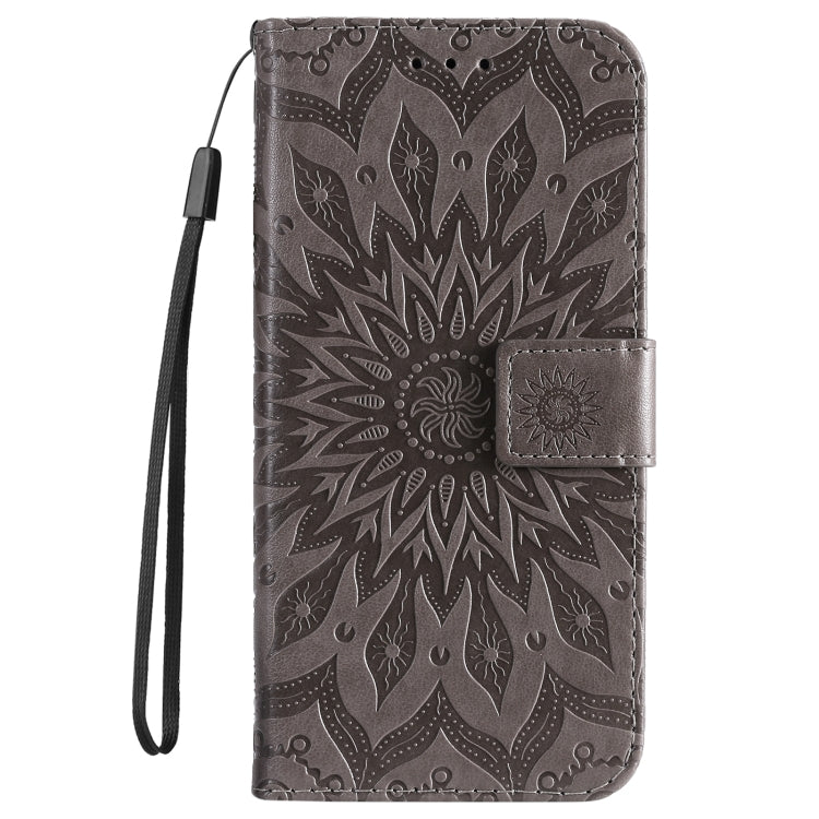 For iPhone 16 Embossed Sunflower Pattern Flip Leather Phone Case(Grey) - iPhone 16 Cases by buy2fix | Online Shopping UK | buy2fix