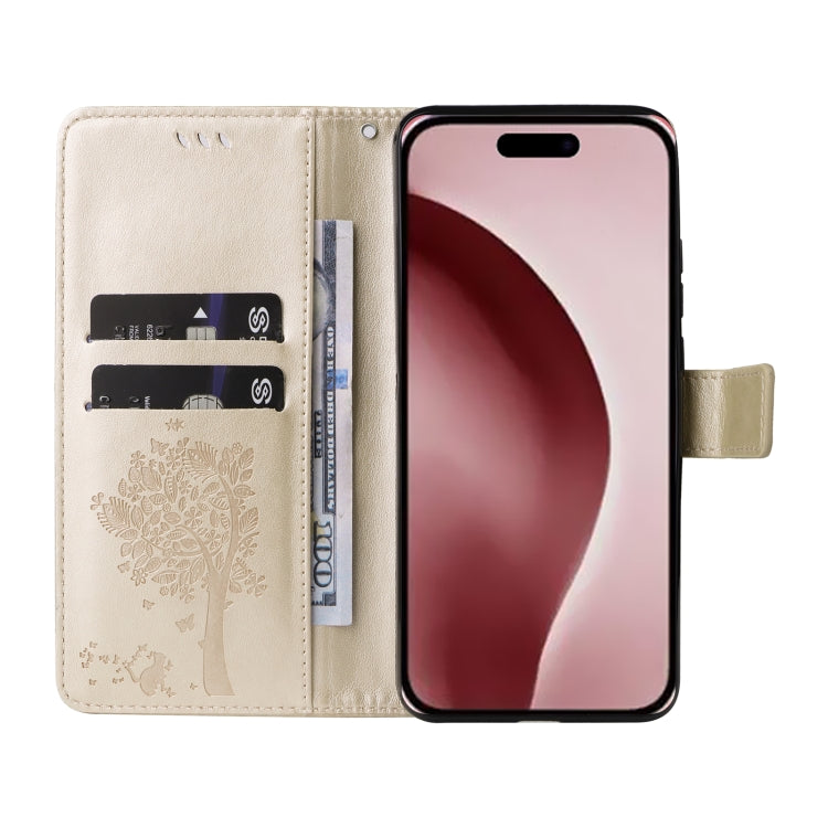 For iPhone 16 Pro Tree & Cat Embossed Pattern Flip Leather Phone Case(Gold) - iPhone 16 Pro Cases by buy2fix | Online Shopping UK | buy2fix