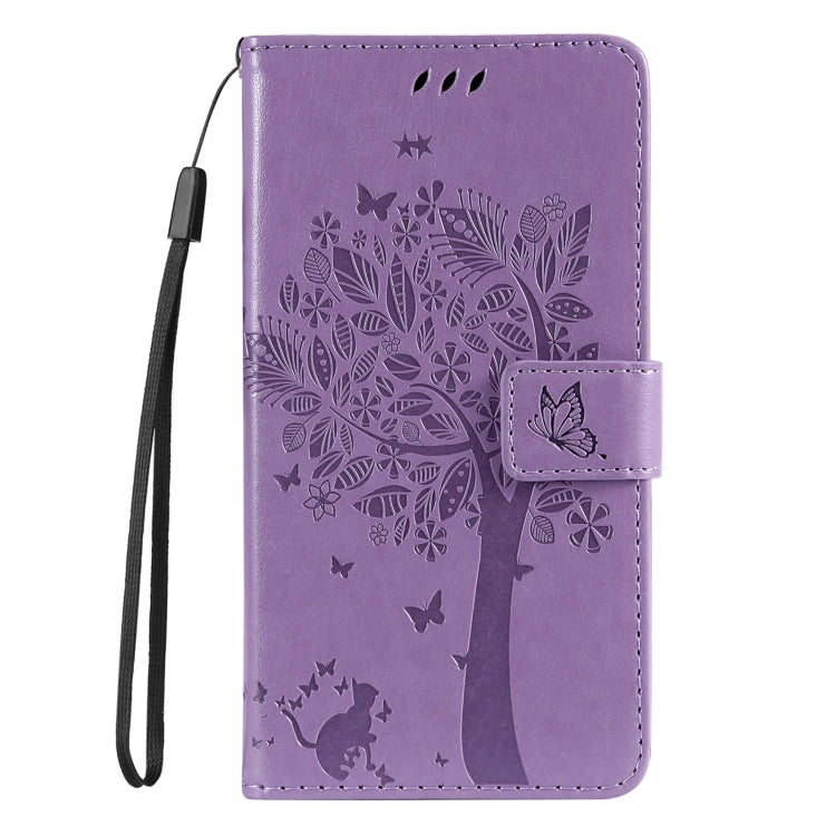 For iPhone 16 Tree & Cat Embossed Pattern Flip Leather Phone Case(Light Purple) - iPhone 16 Cases by buy2fix | Online Shopping UK | buy2fix