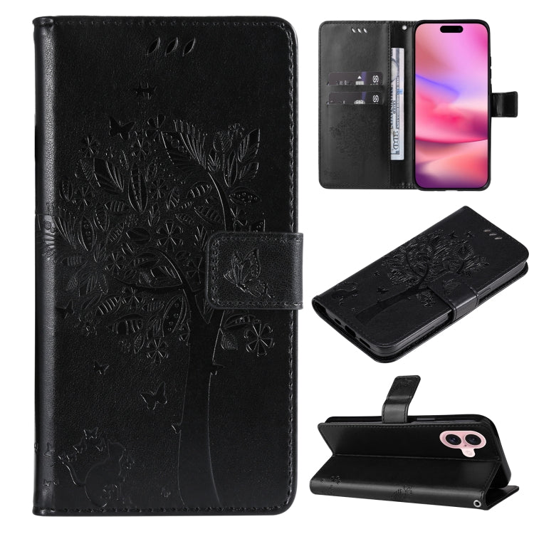 For iPhone 16 Tree & Cat Embossed Pattern Flip Leather Phone Case(Black) - iPhone 16 Cases by buy2fix | Online Shopping UK | buy2fix