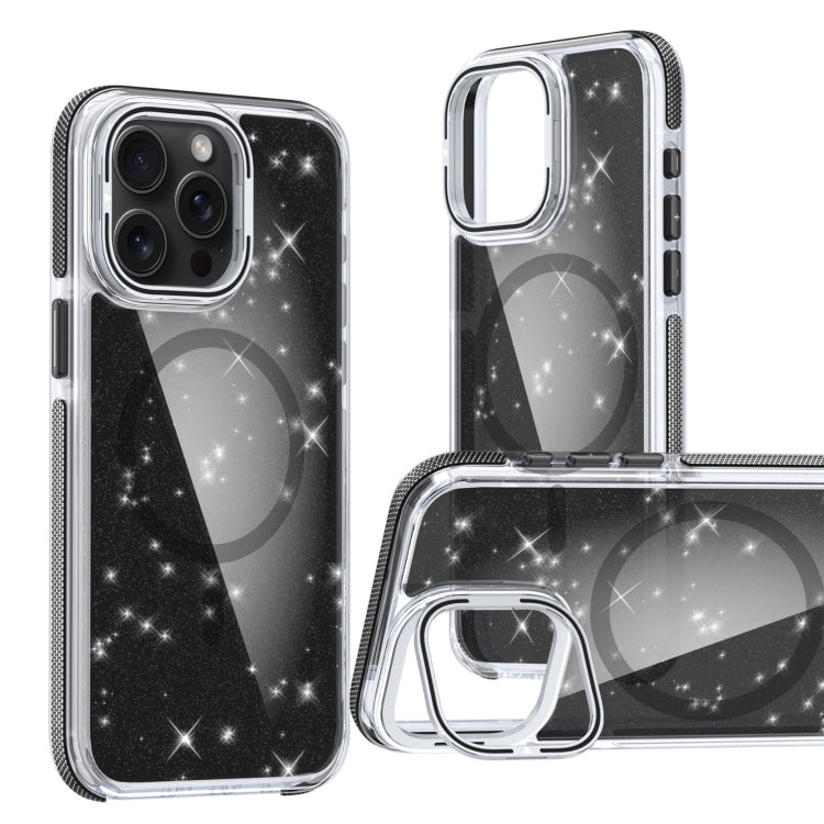 For iPhone 13 Pro Max Two-color Glitter Powder Lens Holder Magsafe Phone Case(Black) - iPhone 13 Pro Max Cases by buy2fix | Online Shopping UK | buy2fix