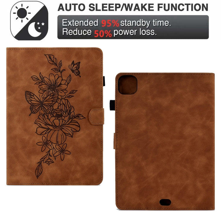 For iPad Pro 11 2024 Peony Butterfly Embossed Leather Smart Tablet Case(Brown) - iPad Pro 11 2024 Cases by buy2fix | Online Shopping UK | buy2fix