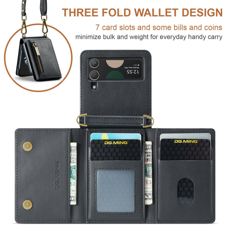 For Samsung Galaxy Z Flip3 5G DG.MING M5 Series Zip RFID Multi Card Detachable Leather Phone Case with Long Lanyard(Black) - Galaxy Phone Cases by DG.MING | Online Shopping UK | buy2fix