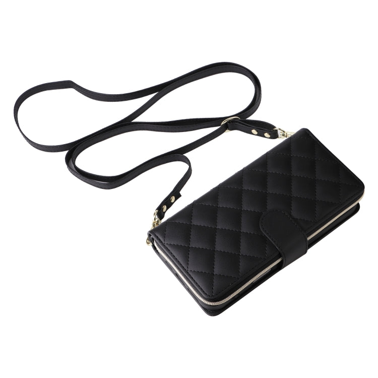 For iPhone 16 Crossbody Rhombic Zipper Tower Buckle Leather Phone Case with Lanyard(Black) - iPhone 16 Cases by buy2fix | Online Shopping UK | buy2fix