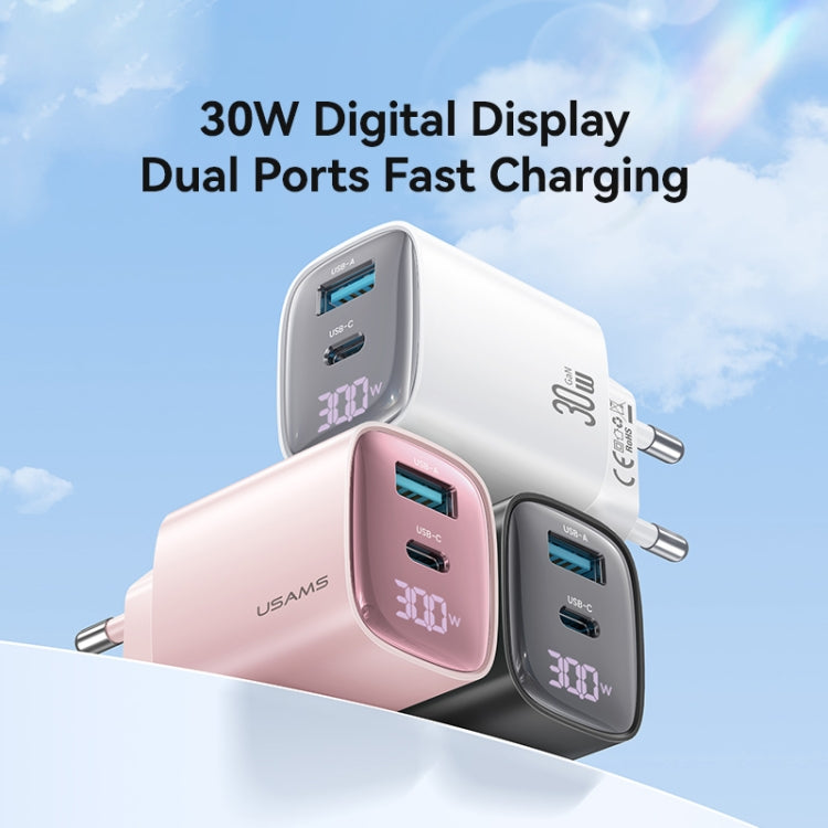 USAMS CC229 30W USB+USB-C / Type-C Dual Port GaN Digital Display Charger, Specifications: EU Plug(Pink) - USB Charger by USAMS | Online Shopping UK | buy2fix